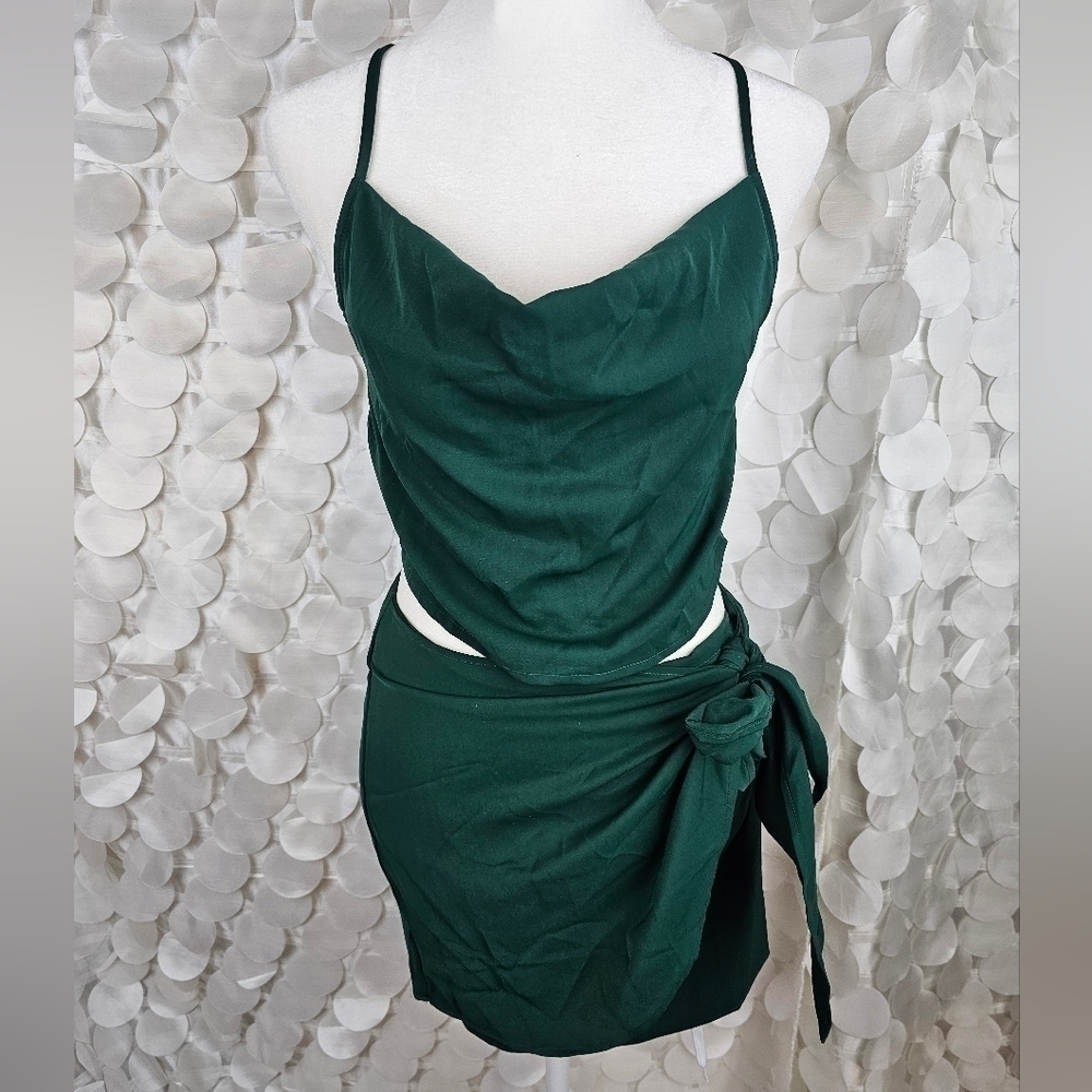 Satin-Look Green Crop‎ Top & Wrap Mini Skirt Set | Sizes S, M, L